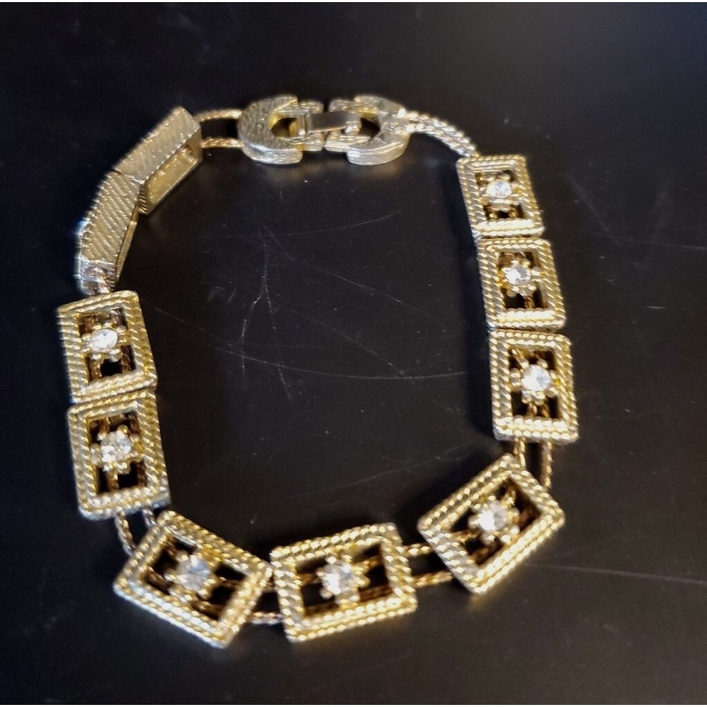 Vintage Goldtone Slide Bracelet With Faux Diamonds In‎ Prong Settings